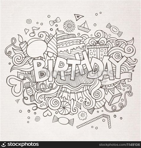 Birthday hand lettering and doodles elements background. Vector illustration. Birthday hand lettering and doodles elements background