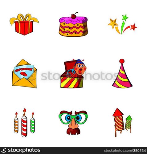 Birthday icons set. Cartoon illustration of 9 birthday vector icons for web. Birthday icons set, cartoon style
