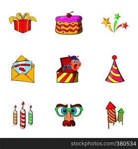 Birthday icons set. Cartoon illustration of 9 birthday vector icons for web. Birthday icons set, cartoon style