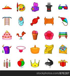 Birthday icons set. Cartoon set of 25 birthday vector icons for web isolated on white background. Birthday icons set, cartoon style