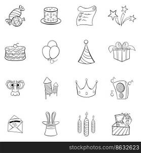 Birthday icons set in hand-drawn style isolated on white background. Birthday icons set vector outline