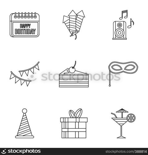 Birthday icons set. Outline illustration of 9 birthday vector icons for web. Birthday icons set, outline style