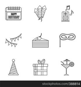 Birthday icons set. Outline illustration of 9 birthday vector icons for web. Birthday icons set, outline style