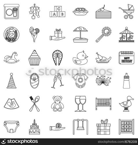 Birthday icons set. Outline style of 36 birthday vector icons for web isolated on white background. Birthday icons set, outline style