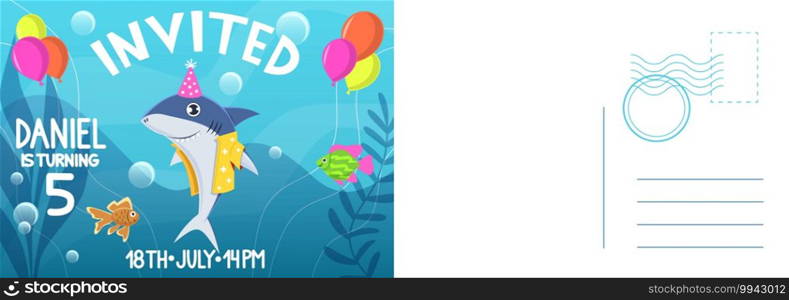 Birthday invitation card. Holiday card with flat bright colorful shark in cone hat and balloons, letter template with congratulate text, kids birthday party greeting cards vector cartoon illustration. Birthday invitation card. Holiday card with flat bright colorful shark and balloons, letter template with congratulate text, kids birthday party greeting cards vector cartoon illustration