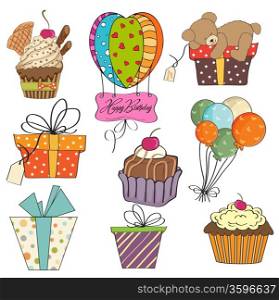birthday items collection on white background