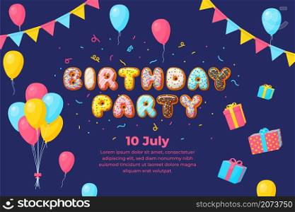 Birthday kids party banner. Balloons card, invitation baby festive. Gift boxes, colorful balloon, garlands and biscuits letters vector happy poster. Birthday party invitation poster illustration. Birthday kids party banner. Balloons card, invitation baby festive. Gift boxes, colorful balloon, garlands and biscuits letters recent vector happy poster
