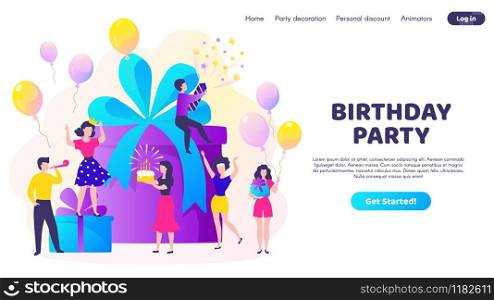 Birthday landing page. Party celebration with gift box, balloons and happy cartoon characters having fun and dancing. Vector isometric illustration party web page design with glad women. Birthday landing page. Party celebration with gift box and happy cartoon characters having fun and dancing. Vector party web page