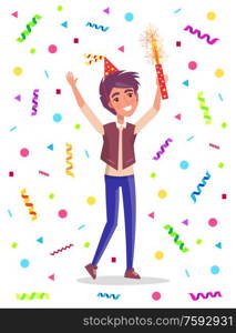 Birthday man holding sparkler, smiling guy standing in suit and wearing festive hat. Card decorated by colorful confetti, male with hands up vector. Birthday Man Holding Sparkler, Confetti Vector