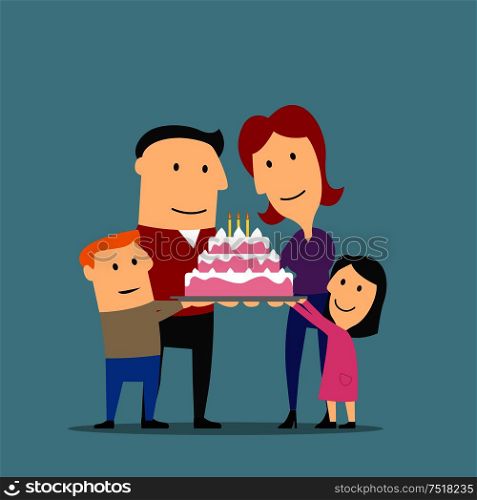 Birthday or anniversary celebration, family traditions theme design. Happy smiling parents and two kids are holding big cake decorated by buttercream frosting and candles. Cartoon style. Happy family celebrating with big cake