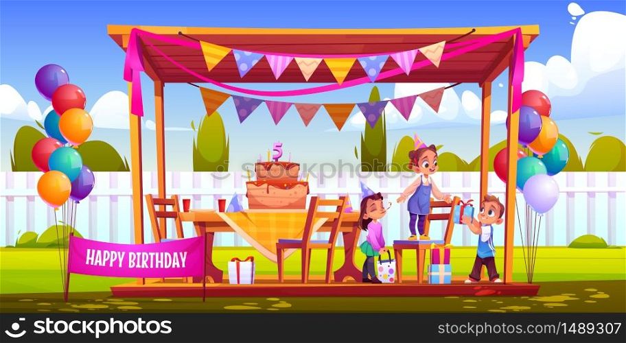 Birthday outside party on backyard. Kids celebrate anniversary, give gifts. Vector cartoon illustration of garden with happy children, holiday decorations, cake with candles, balloons and garland. Kids celebrate birthday on backyard