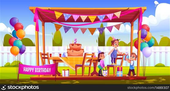 Birthday outside party on backyard. Kids celebrate anniversary, give gifts. Vector cartoon illustration of garden with happy children, holiday decorations, cake with candles, balloons and garland. Kids celebrate birthday on backyard