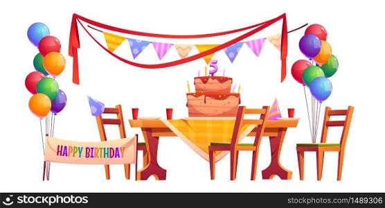 Birthday outside party set isolated on white background. Vector cartoon furniture and decoration, holiday banner, flags garland, cupcake with candles and bunch of balloons. Celebration anniversary. Vector decoration for birthday party outside