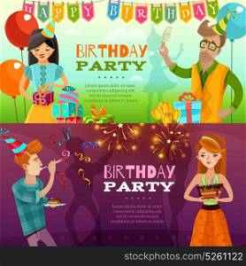 Birthday Party 2 Festive Horizontal Banners. Birthday party celebration 2 festive horizontal banners set with presents sparklers ballons and cake isolated vector illustration