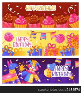 Birthday party 3 horizontal colorful banners with festive decorations greetings cakes candies presents toys isolated vector illustration . Birthday Party Banners
