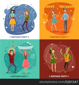 Birthday Party 4 Icons Square Composition. Birthday party 4 festive icons square with happy celebrating couples on colorful background isolated vector illustration