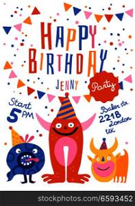 Birthday party announcement invitation poster with funny monsters in cone hats time address festive decorations vector illustration . Happy Birthday Party Poster