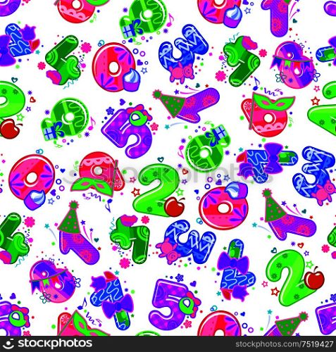 Birthday party background with cute cartoon age color numbers icons. Seamless masquerade wallpaper for greeting card, decoration, gift wrapper. Birthday party cartoon numbers seamless wallpaper