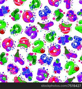 Birthday party background with cute cartoon age color numbers icons. Seamless masquerade wallpaper for greeting card, decoration, gift wrapper. Birthday party cartoon numbers seamless wallpaper