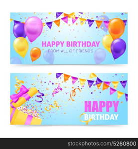 Birthday Party Banners. Colorful horizontal birthday party banners with baloons garlands and confetti flat isolated vector illustration