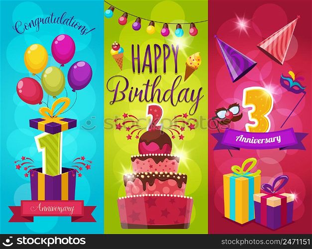 Birthday party banners set with balloons fireworks gift boxes and masks icecream and ribbons isolated vector illustration. Birthday Party Banners Set