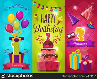Birthday party banners set with balloons fireworks gift boxes and masks icecream and ribbons isolated vector illustration. Birthday Party Banners Set