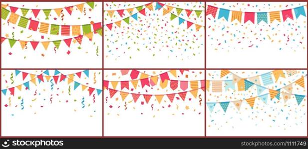 Birthday party bunting and confetti. Color paper streamers, confettis explosion and buntings flags. Festival celebration flag, decorative bunting. Isolated cartoon vector background set. Birthday party bunting and confetti. Color paper streamers, confettis explosion and buntings flags cartoon vector background set