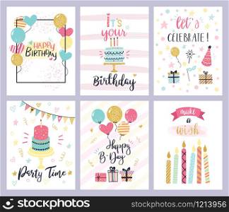 Birthday party cards. happy birthday pastel celebration postcards, invitation with candle, golden balloons and confetti, cake. kids cheerful holiday flyers vector templates. Birthday party cards. happy birthday pastel celebration postcards, invitation with candle, golden baloons and confetti, cake vector set