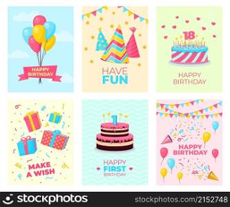 Birthday party cards template. Card design, fun celebrate party poster. Invitation with decorations, cartoon cupcake and presents vector set. Invitation card with dessert and air balloon for birthday. Birthday party cards template. Card design, fun celebrate party poster. Invitation with decorations, cartoon cupcake and presents recent vector set