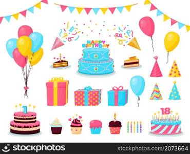 Birthday party cartoon decorations. Child partying, cute celebration elements. Cupcake, presents festive cake, balloons recent vector collection. Illustration party celebration, cake and gift. Birthday party cartoon decorations. Child partying, cute celebration elements. Cupcake, presents festive cake, balloons recent vector collection