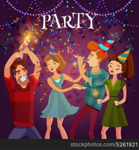 Birthday Party Celebration Festive Background Poster . Birthday party evening celebration in disco cafe with bengal lights and confetti festive bright colorful background vector illustration