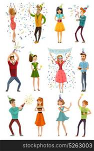 Birthday Party Celebration Funny People Set. Birthday party celebrating people 12 figures collection in funny hats with colorful confetti streamers isolated vector illustration