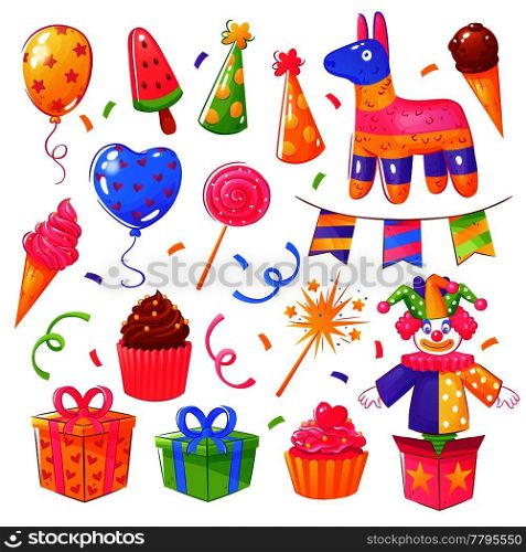 Birthday party celebration presents cakes accessories festive decorations elements collection with confetti balloons hats isolated vector illustration. Birthday Party Celebration Set