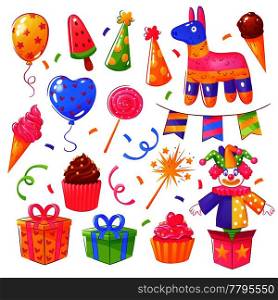 Birthday party celebration presents cakes accessories festive decorations elements collection with confetti balloons hats isolated vector illustration. Birthday Party Celebration Set