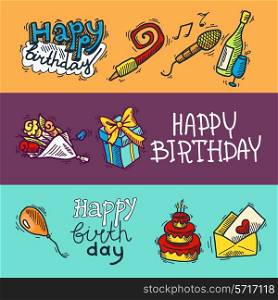 Birthday party celebration sketch decorative colored banner set with cake gifts champagne glass isolated vector illustration.