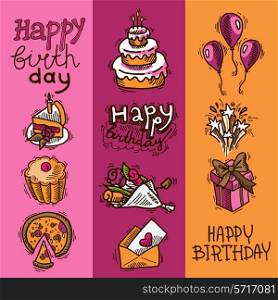 Birthday party celebration sketch decorative colored vertical banner set with flowers balloons fireworks isolated vector illustration