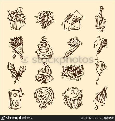 Birthday party celebration sketch decorative elements set with cake gifts champagne glass isolated vector illustration