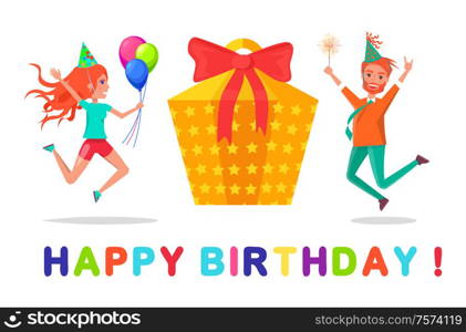 Birthday party celebration vector, people jumping in air with inflatable balloon on lace. Man and woman in good mood, male holding bengal lights in hand. Birthday Party Celebration, People Jumping in Air