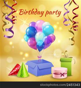 Birthday party celebration with glittering cone hats serpentine streamers balloons presents realistic invitation card poster vector illustration . Birthday Party Accessories Realistic