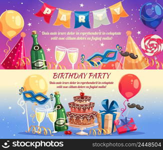 Birthday party colorful horizontal banners with festive accessories sweet treats champagne wine glasses and gifts flat vector illustration . Birthday Party Horizontal Banners