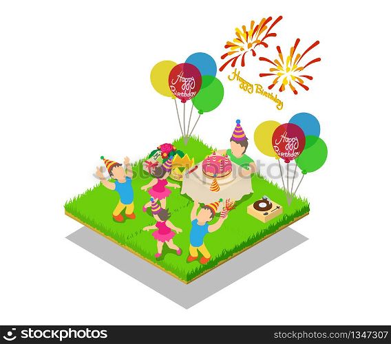 Birthday party concept banner. Isometric banner of birthday party vector concept for web, giftcard and postcard. Birthday party concept banner, isometric style