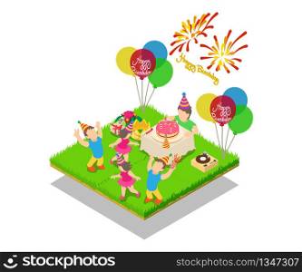 Birthday party concept banner. Isometric banner of birthday party vector concept for web, giftcard and postcard. Birthday party concept banner, isometric style