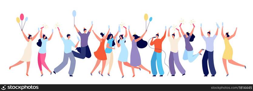 Birthday party concept. Colleagues congratulated, friends surprise event. Isolated people celebration with cake drinks utter vector banner. Congratulation and smiling, champagne and celebration. Birthday party concept. Colleagues congratulated, friends surprise event. Isolated people celebration with cake drinks utter vector banner
