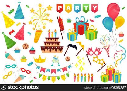 Birthday party cute set in flat cartoon design. Bundle of festive hat, firework, garland, cake, gift, balloon, glasses, crown, sweet, cupcake, candle and other. Vector illustration isolated elements
