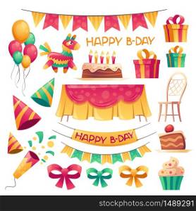 Birthday party decoration set. Flags garland, balloons, triangle hats, table and chair for anniversary celebration outside. Vector cartoon icons of holiday banner, cupcake with candles and gift boxes. Vector cartoon decoration for birthday party