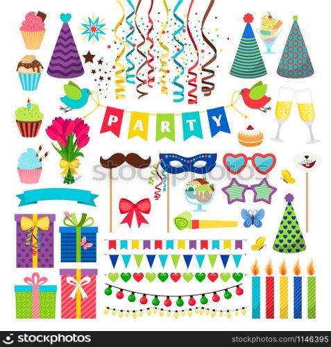 Birthday party design elements. Birthday celebration invitation vector decorations isolated on white, like garlands and masks, hats and candles. Birthday party design elements. Birthday celebration invitation decorations isolated on white