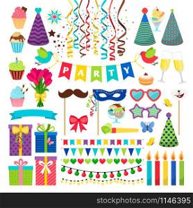 Birthday party design elements. Birthday celebration invitation vector decorations isolated on white, like garlands and masks, hats and candles. Birthday party design elements. Birthday celebration invitation decorations isolated on white