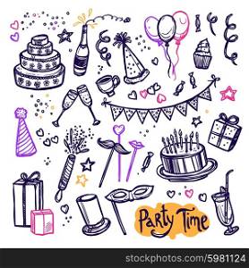 Birthday party doodle pictograms collection arrangement . Big masquerade birthday party celebration icons doodle style arrangement banner with cake and wine abstract vector illustration