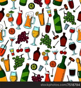 Birthday party drinks and fruits. Cocktails, beverages and desserts seamless pattern background. Wine corkscrew, beer mug, lemonade glass, cocktail, champagne, juice, lime, grape, orange olives and cherries. Birthday party drinks and fruits seamless pattern