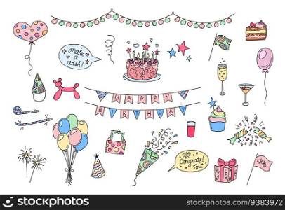Birthday party elements set. Funny doodles. Vector colorful hand drawn kid bday design objects isolated. Cake, party hat, cracker, balloons, congrats. Illustrations collection.. Birthday party elements set. Funny doodles. Vector colorful hand drawn kid bday design objects isolated. Cake, party hat, cracker, balloons, congrats. Illustrations collection